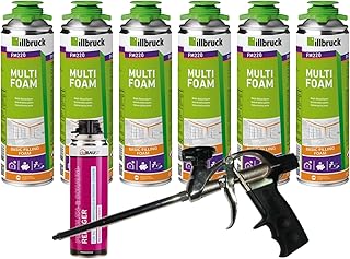 FM220 Lot de 6 mousses de construction, de montage, pour fenêtre, haute isolation phonique, isolation thermique, 500 ml, kit combinés (avec nettoyant AA290 + pistolet à mousse professionnel en téflon