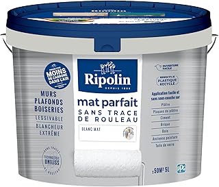 RIPOLIN Mat Parfait - Peinture intérieure pour Murs & Plafonds - Blancheur Extrême - Sans Trace de Rouleau - Technologie UNILISS - Lessivable - Mat - 5L - Blanc