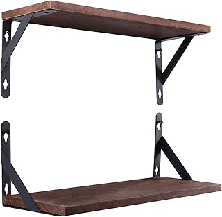 AGM Etagères Murales Lot de 2, Étagère Murale Bois et Métal Marron Foncé, Rustiques Etagere Murale Longueur de 42cm, Charge Maximal 30kg pour Chambre, Salle de Bain, Salon, Cuisine et Plus