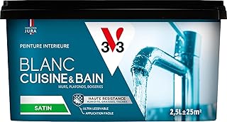 V33 Peinture salle de bain/cuisine blanche satinée, Haute résistance, BLANC CUISINE & BAIN 2,5L