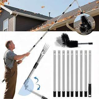 Nettoyeur de gouttières, 4 m, manche télescopique réglable avec tête pivotante à 180° et brosse interchangeable, 10 outils de nettoyage des feuilles – Pas besoin d