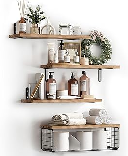Lot de 4 Étagères Murales en Bois, 40CM Étagère de Salle de Bain avec Panier en Métal, Étagères Murales Flottantes de Style Rustique pour Salon, Chambre à Coucher, Cuisine, Bureau (Brun)