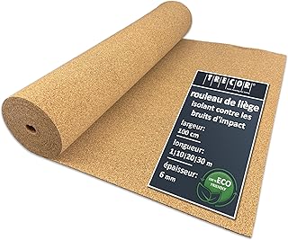 10 m² | Isolation phonique TRECOR Rouleau en liège – Épaisseur 6 mm – Isolation acoustique naturelle et écologique pour sols stratifiés et parquets – 10 m²